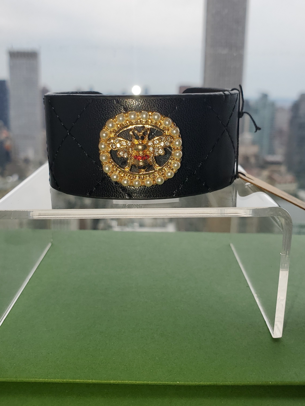 Black Quilted Leather Cuff Bracelet with Gold Pearl Bee Emblem